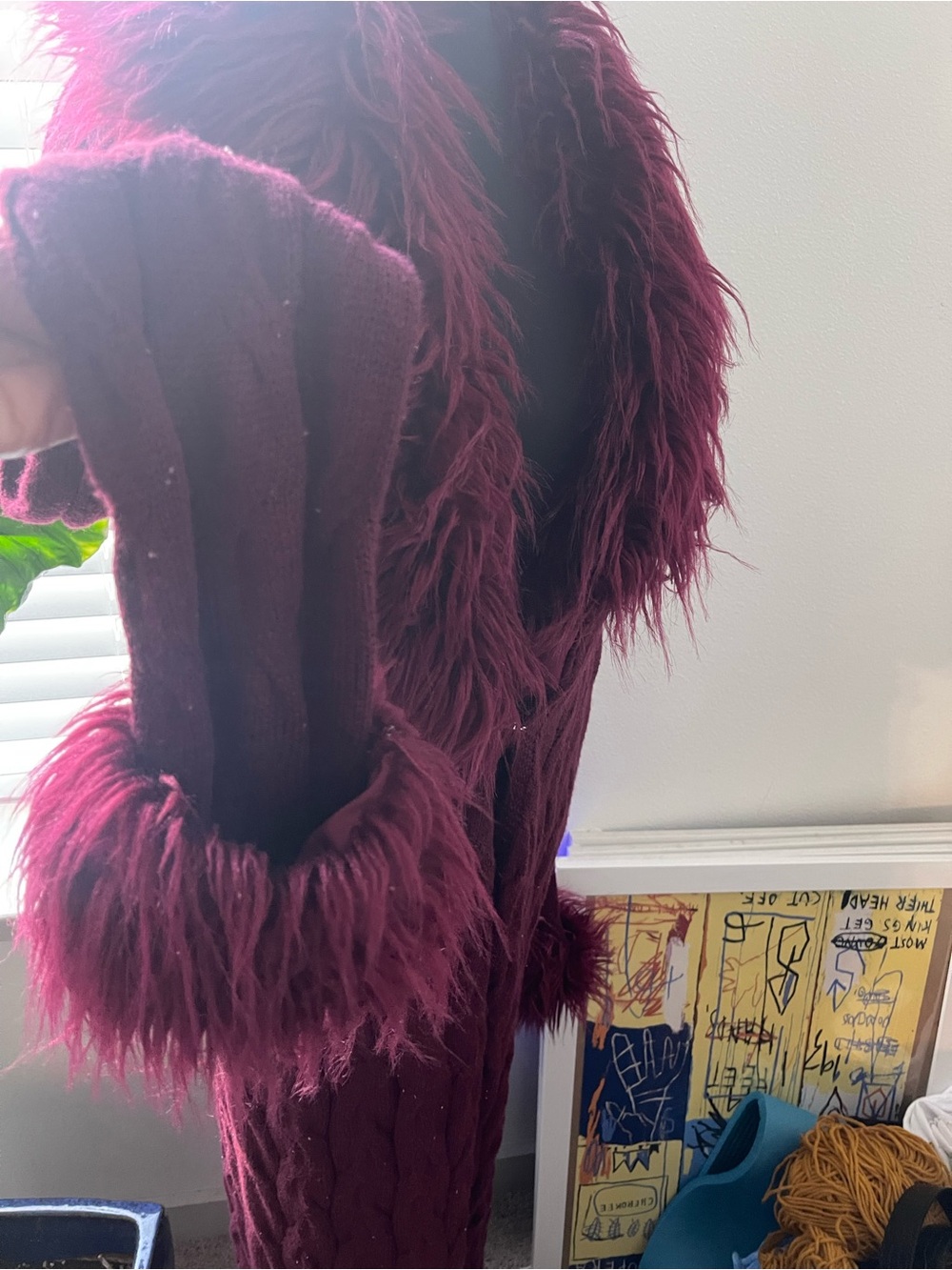Fashion Nova Burgundy Faux Fur-Trim Cable Knit Cape - Picture 3 of 4